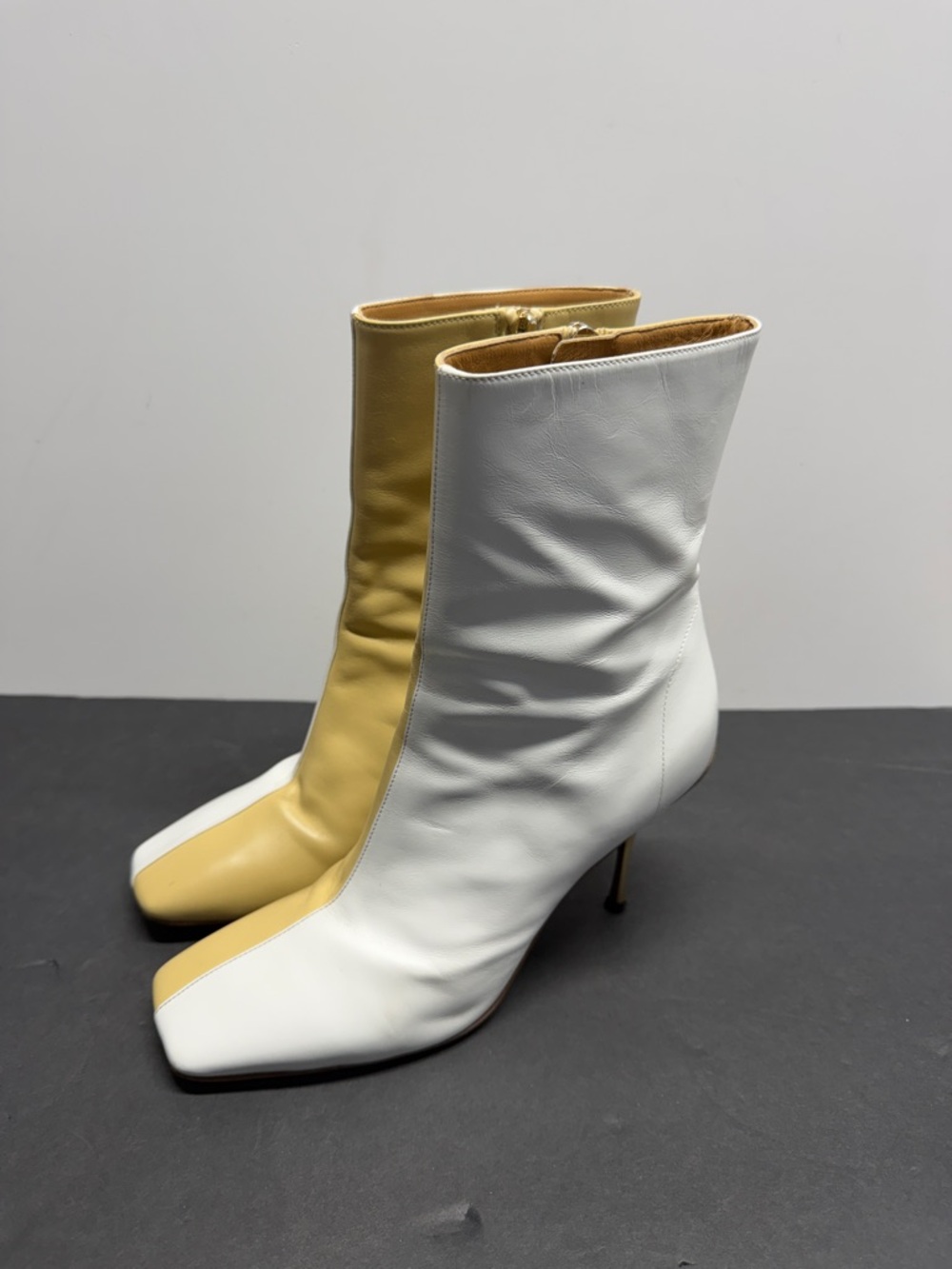 Two-Tone White and Yellow Women's Mid-Calf Stiletto Boots